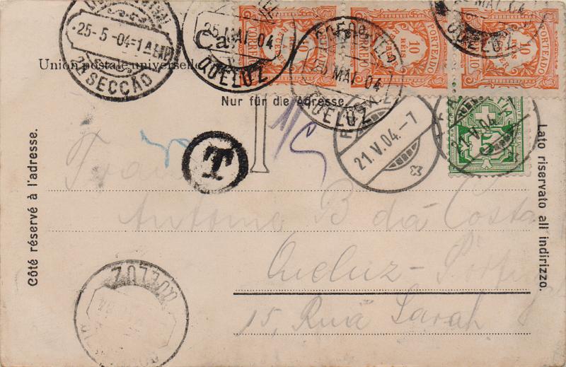 0497.jpg -     Lote:    497                   Descrição:         Porteado. 1904 &mdash; Emissão regular. Valor em reis. Postal ilustrado circulado de Itália para Queluz (25.05.04). Insuficientemente franquiado foi porteado com 3 selos de 10 reis CE POR8. M.        PI       Valor Base:     &euro; 20,00     Valor Venda:     &euro;      