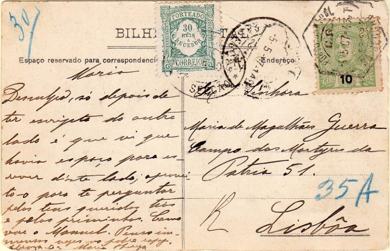 0499.jpg -     Lote:    499                   Descrição:         Porteado. 1904 &mdash; Emissão regular. Valor em reis. Postal ilustrado circulado em Lisboa (05.05.07) com selo de 10 reis tipo D. Carlos I Mouchon. Por ter utilizado espaços não destinados a texto, foi considerado como carta e porteado no dobro do porte em falta, com selo de 30 reis CE POR10 (25reis &mdash; 10 reis = 15 reis x 2 = 30 reis).        PI       Valor Base:     &euro; 12,00     Valor Venda:     &euro;      