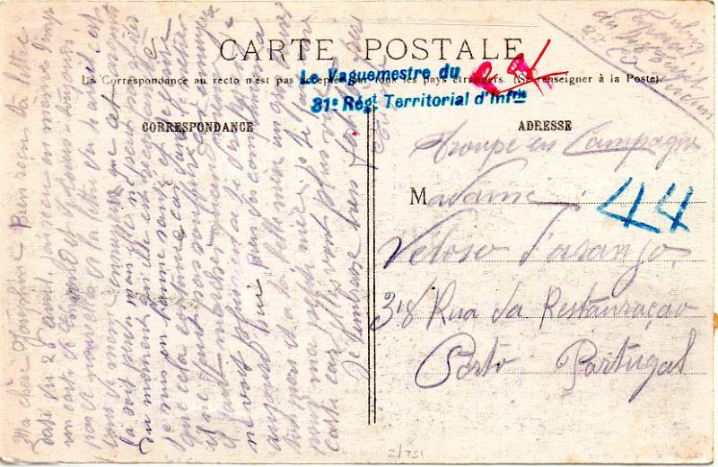 0500.jpg -     Lote:    500                   Descrição:         Porteado. 1915 &mdash; Emissão regular. Valor em centavos. Postal ilustrado remetido por soldado francês sem franquia para o Porto (18.05.15), presumindo estar isento. Em Portugal não foi considerada a isenção e porteado com selo de 1c CE POR22.        PI       Valor Base:     &euro; 12,00     Valor Venda:     &euro;      