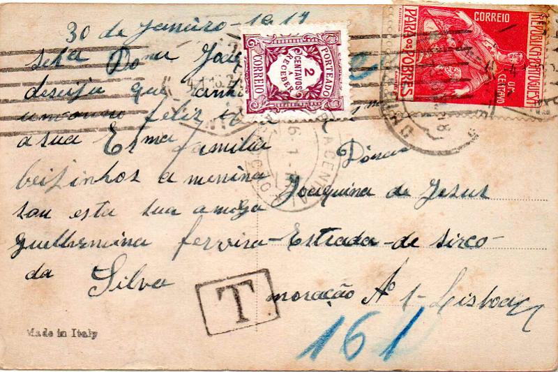 0502.jpg -     Lote:    502                   Descrição:         Porteado. 1915 &mdash; Emissão regular. Valor em centavos. Postal ilustrado circulado de Aveiro (03.01.18) para Lisboa (04.08.18) com selo do imposto postal "Para os Pobres" CE IP7 de 1c, mas sem o selo de franquia do correio ordinário. Foi porteado no dobro so porte em falta com selo de 2c CE POR23.        PI       Valor Base:     &euro; 8,00     Valor Venda:     &euro;      