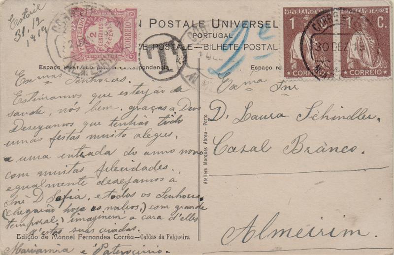 0503.jpg -     Lote:    503                   Descrição:         Porteado. 1915 &mdash; Emissão Regular. Valor em centavos. Postal ilustrado circulado do Monte Estoril (30.12.19) para Almeirim, com par de selos de 1c CE221. Insuficientemente franquiado (porte de 3 c para postais ilustrados) foi porteado com o dobro do porte em falta com selo de 2c lilás, CE POR23.        PI       Valor Base:     &euro; 15,00     Valor Venda:     &euro;      