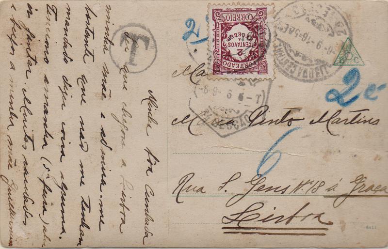 0504.jpg -     Lote:    504                   Descrição:         Porteado. 1915 &mdash; Emissão regular. Valor em centavos. Postal ilustrado circulado sem franquia em Lisboa (06.09.16). Porteado com o dobro do porte em falta com selo de 2c CE POR23.         PI       Valor Base:     &euro; 10,00     Valor Venda:     &euro;      
