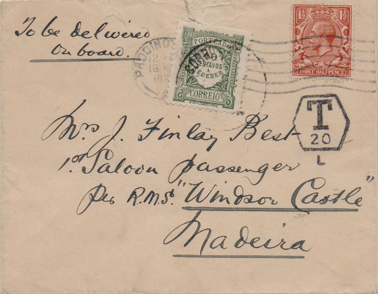 0509.jpg -     Lote:    509                   Descrição:         Porteado. 1922/27 &mdash; Emissão regular. Unicolor. Sobrescrito circulado de Inglaterra (16.05.27) para a Madeira, com insuficiência de porte. Porteado com o dobro do porte em falta com selo de 40c CE POR38.        Carta       Valor Base:     &euro; 20,00     Valor Venda:     &euro;      