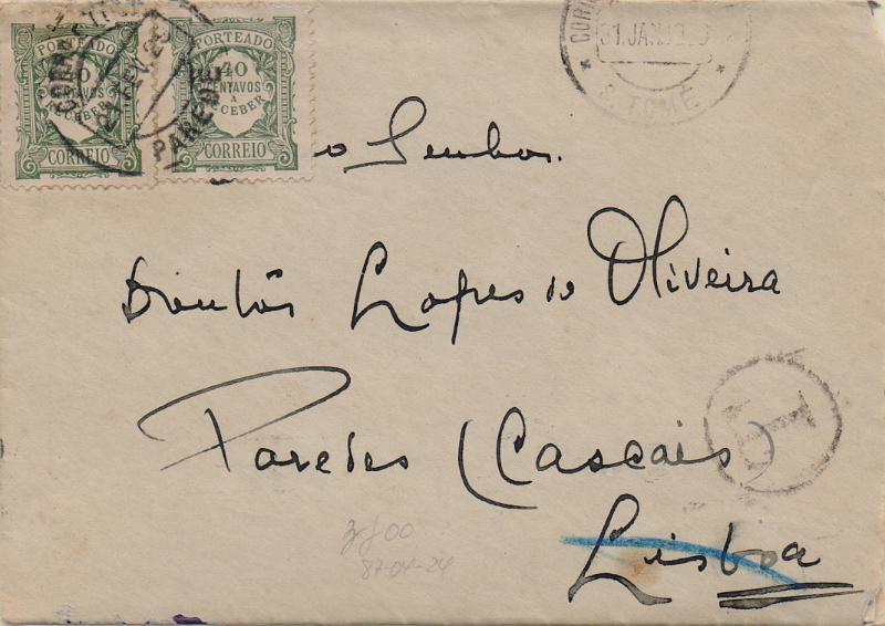 0510.jpg -     Lote:    510                   Descrição:         Porteado. 1922/27 &mdash; Emissão regular. Unicolor. Sobrescrito circulado de S. Tomé (31.01.29) para Parede (21.02.29) sem franquia. Foi porteado com o dobro da franquia em falta com dois selos de 40c CE POR38.        Carta       Valor Base:     &euro; 15,00     Valor Venda:     &euro;      