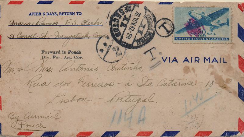 0513.jpg -     Lote:    513                   Descrição:         Porteado. 1922/33 &mdash; Emissão regular. Unicolor + Tipo Etiqueta. Sobrescrito circulado por via aérea dos EUA para Lisboa (20.11.42) com insuficiência de franquia. Foi porteada no dobro do porte em falta com selos de 1$20 CE POR44 + 0$05 e $0$20 CE POR45 e 47.        Carta       Valor Base:     &euro; 20,00     Valor Venda:     &euro;      