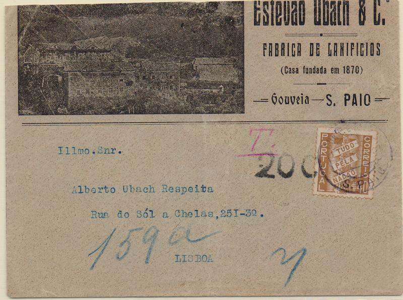 0514.jpg -     Lote:    514                   Descrição:         Porteado. 1932/33 &mdash; Tipo Etiqueta. Sobrescrito circulado com selo de $40 Tudo pela Nação CE571 de S. Paio para Lisboa (17.09.41), com insuficiência de $10 no porte. Foi porteado com o dobro do porte em falta com selo de $20, CE POR47.        Carta       Valor Base:     &euro; 10,00     Valor Venda:     &euro;      