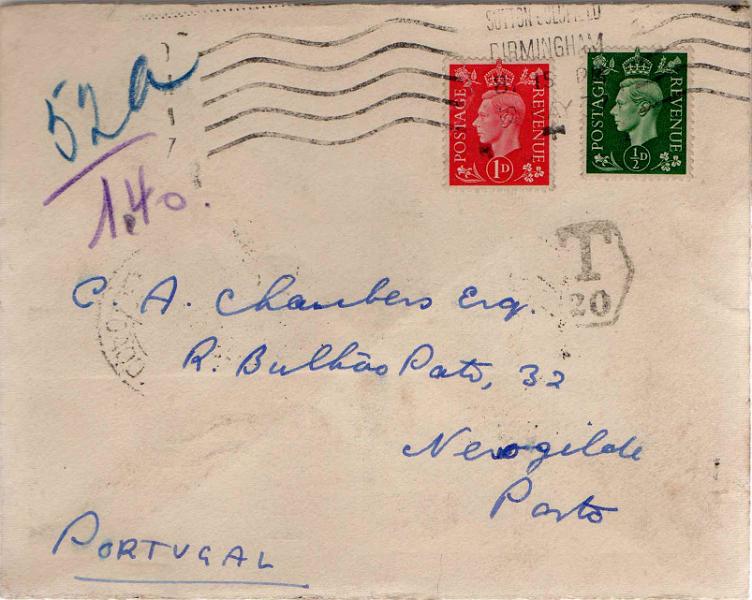 0520.jpg -     Lote:    520                   Descrição:         Porteado. 1932/33 &mdash; Tipo Etiqueta. Sobrescrito circulado de Birmingham para Lisboa (15.05.37) com insuficiência de franquia. Foi porteado com o dobro do porte em falta com par de selos de 0$30 e selo de 0$80 CE POR48 e 52. Selo fixo de Lisboa $20 a preto.        Carta       Valor Base:     &euro; 12,00     Valor Venda:     &euro;      