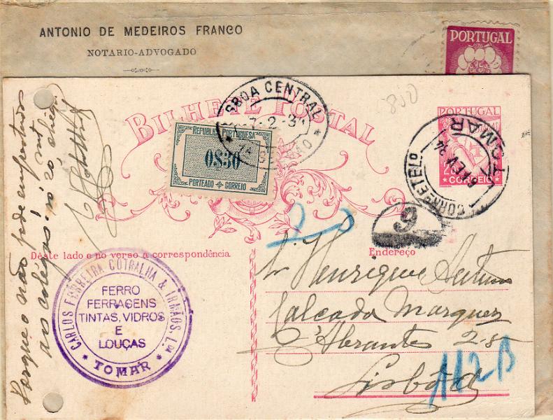 0521.jpg -     Lote:    521                   Descrição:         Porteados. 1932 &mdash; Tipo Etiqueta. Lote composto por inteiro postal tipo Lusíadas de 25C + sobrescrito, tendo o primeiro sido porteado como carta e o segundo por excesso de peso com selos de $30C CE48 e $80 CE52.        Lote       Valor Base:     &euro; 10,00     Valor Venda:     &euro;      