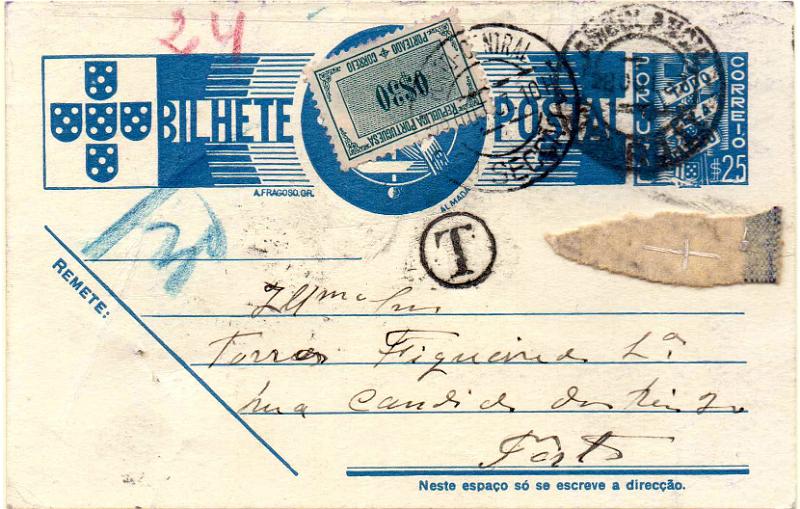 0524.jpg -     Lote:    524                   Descrição:         Porteado. 1936/39 &mdash; Tudo pela Nação. OM83, $25 azul. Circulado com amostra colada. Foi porteado com selo de 0$30 CE POR48. B e R.        IC       Valor Base:     &euro; 15,00     Valor Venda:     &euro;      