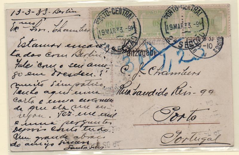 0527.jpg -     Lote:    527                   Descrição:         Porteado. 1932/33 &mdash; Tipo Etiqueta. Postal ilustrado circulado sem franquia da Alemanha para Lisboa (19.03.33). Foi porteado com o dobro do porte em falta com 3 selos de $40 CE POR49.        PI       Valor Base:     &euro; 15,00     Valor Venda:     &euro;      