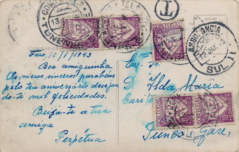 0530.jpg -     Lote:    530                   Descrição:         Porteado. Selos de recurso tipo Caravela. Postal ilustrado circulado pela Ambulância Sul II (12.01.43) para Tunes-Gare (13.01.43) sem franquia. Foi porteado com o dobro do porte em falta com 5 selos de 10c CE516 do correio ordinário como selos de recurso do porteado. MR.        PI       Valor Base:     &euro; 30,00     Valor Venda:     &euro;      