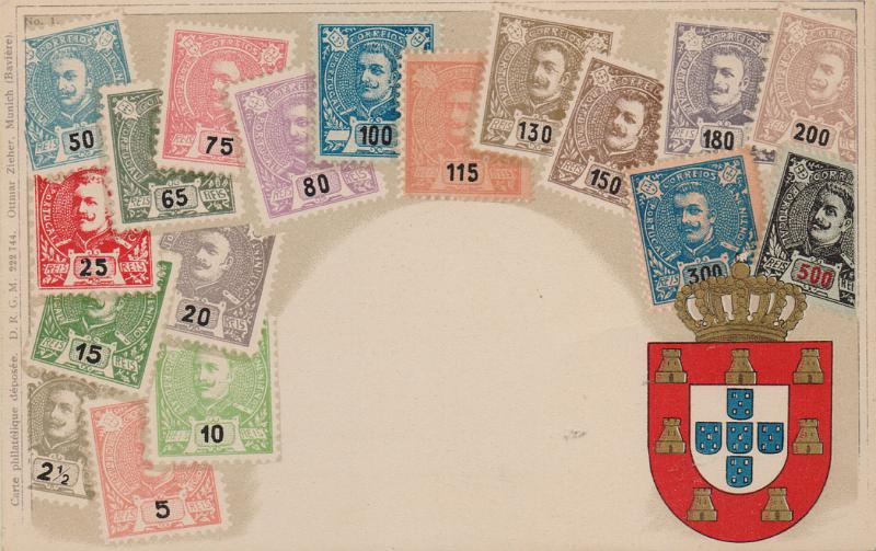 0551.jpg -     Lote:    551                   Descrição:         Temáticos. Filatelia. Selos de D. Carlos I tipo Mouchon e Escudo Real. Impressão em relevo. Novo.        PI       Valor Base:     &euro; 12,00     Valor Venda:     &euro;      