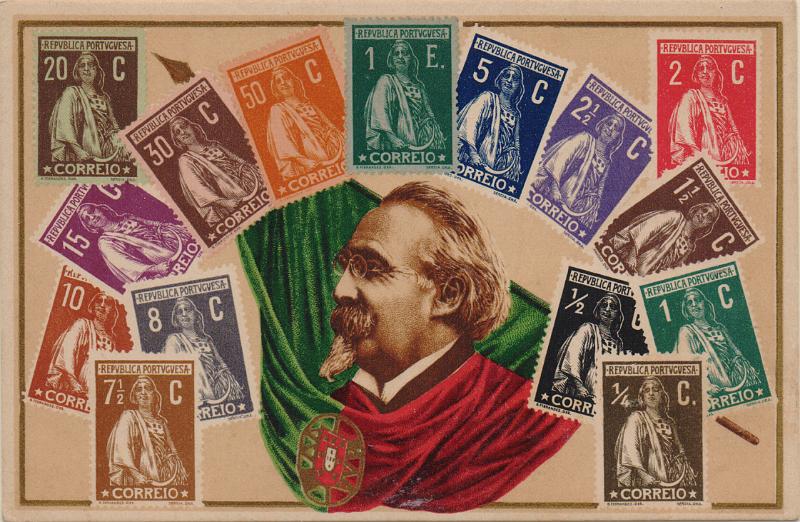 0558.jpg -     Lote:    558                   Descrição:         Temáticos * Filatelia. Selos tipo Ceres + efígie de Teófilo Braga + bandeira nacional.        PI       Valor Base:     &euro; 8,00     Valor Venda:     &euro;      