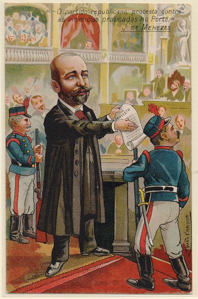 0569.jpg -     Lote:    569                   Descrição:         Propaganda à República. "O Partido Republicano protesta contra as violências praticadas no Porto" * J. de Menezes. Ilustrador Alfredo Cândido. MB.        PI       Valor Base:     &euro; 10,00     Valor Venda:     &euro;      