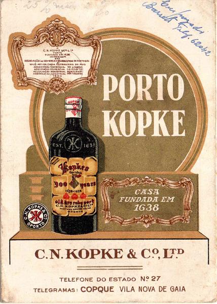 0574.jpg -     Lote:    574                   Descrição:         Publicitários. Vinho do Porto &mdash; Panfleto publicitário do "Porto Kopke", elaborado em homenagem às festividades dos Centenários.        PI       Valor Base:     &euro; 25,00     Valor Venda:     &euro;      