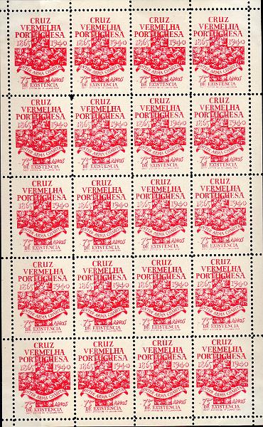 0596.jpg -     Lote:    596                   Descrição:         Vinhetas. 1940 - Cruz Vermelha Portuguesa. 75.º Aniversário. Folha completa com 20 vinhetas, com goma original sem charneira. Raro.        ***       Valor Base:     &euro; 15,00     Valor Venda:     &euro;      