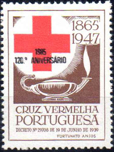 0597.jpg -     Lote:    597                   Descrição:         Vinhetas. 1985 &mdash; Cruz Vermelha Portuguesa, selo de 1947 (ES 142) com dupla sobrecarga "1985 / 120º Aniversário". Muito raro.        ***       Valor Base:     &euro; 10,00     Valor Venda:     &euro;      
