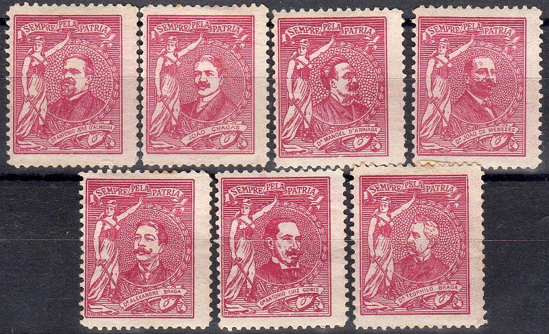 0605.jpg -     Lote:    605                   Descrição:         Vinhetas. Vultos Republicanos. Lote de 7 vinhetas em vermelho, todas diferentes com as efígies de republicanos (António José de Almeida, João Chagas, Manoel de Arriaga, João de Menezes, Alexandre Braga, António Luís Gomes e Theofilo Braga).        Lote       Valor Base:     &euro; 15,00     Valor Venda:     &euro;      