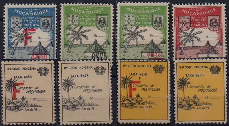 0616.jpg -     Lote:    616                   Descrição:         Moçambique. 1930/40. Imposto Indígena (Imposto de Palhota). PB &frac14; e 5/8. As duas séries completas. Valor de catálogo &euro; 110,00.        ***       Valor Base:     &euro; 25,00     Valor Venda:     &euro;      