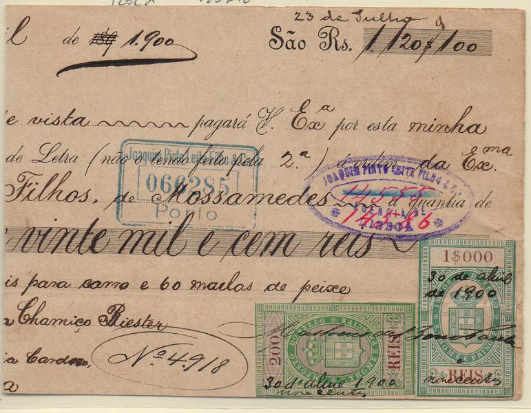0619.jpg -     Lote:    619                   Descrição:         Fiscais. S. Tomé e Príncipe. Roça Monte Café. Letra de 1.120$100, datada de 30.04.1900, com estampilhas do IS de 200 e 1$000 reis "Armas do Reino". MB.        DOC       Valor Base:     &euro; 20,00     Valor Venda:     &euro;      