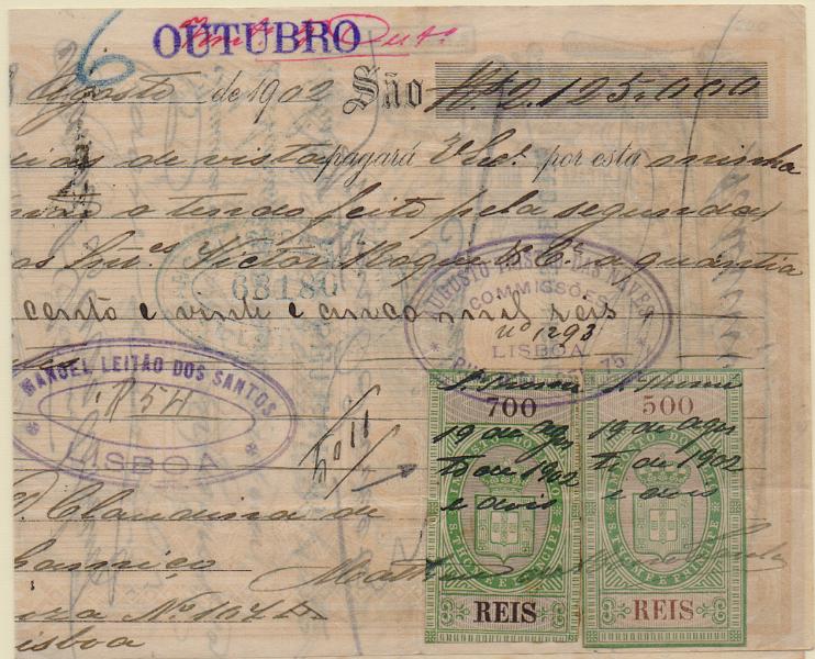 0622.jpg -     Lote:    622                   Descrição:         Fiscais. S. Tomé e Príncipe. Letra de 1$000 reis no valor de 2.128$000, datada de 17.08.1902, com estampilhas do IS de 500 e 700 reis "Armas do Reino". MB.        DOC       Valor Base:     &euro; 20,00     Valor Venda:     &euro;      