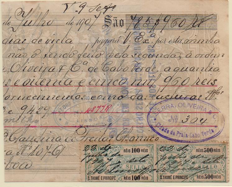 0623.jpg -     Lote:    623                   Descrição:         Fiscais. S. Tomé e Príncipe. Roça Monte Café. Letra de 785$960, datada de 22.07.1907, com estampilhas do IS de 100 e 500 reis "Armas do Reino". MB.        DOC       Valor Base:     &euro; 30,00     Valor Venda:     &euro;      
