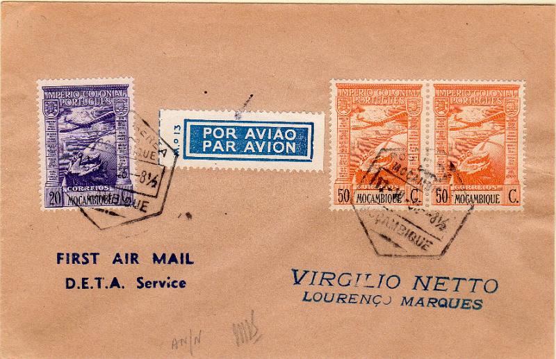 0641.jpg -     Lote:    641                   Descrição:         1938 (12 Outubro) &mdash; 1.º Voo Moçambique &mdash; Lourenço Marques. Sobrescrito circulado de Moçambique (12.12.38) para L. Marques (13.10.38) com selo de 20C e 'a5 de 50C do Império Colonial Português * Correio Aéreo CE CA 2/3. Carimbo batido a azul "FIRST AIR MAIL / D.E.T.A. SERVICE".        Aéreo       Valor Base:     &euro; 25,00     Valor Venda:     &euro;      