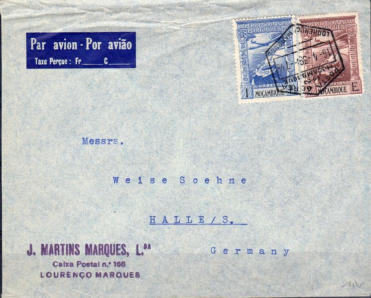 0642.jpg -     Lote:    642                   Descrição:         1939 &mdash; Sobretaxa do correio aéreo. Etiquetas M-13 impressas no sobrescrito. Sobrescrito circulado de L. Marques (16.04.39) para a Alemanha, com selos de 1E e 2E tipo Império Colonial Português * Correio Aéreo CE CA4/5. Etiqueta impressa por J. Martins Marques, Lda.        Aéreo       Valor Base:     &euro; 15,00     Valor Venda:     &euro;      