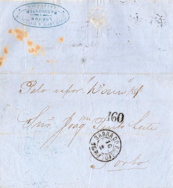 0647.jpg -     Lote:    647                   Descrição:         Correio marítimo. Encaminhadores. Carta circulada de Londres para o Porto (10.02.68) com o porte de 160 reis batido a preto. Carimbo circular "BARRA DO PORTO" batido a preto e carimbo do encaminhador "PINTO LEITE & BROTHERS" a azul.        Carta       Valor Base:     &euro; 20,00     Valor Venda:     &euro;      