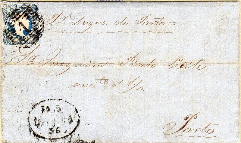 0651.jpg -     Lote:    651                   Descrição:         Correio marítimo. 1856/58 &mdash; D. Pedro V. Cabelos anelados. CE12, 25 reis, margens curtas, em carta circulada de Lisboa (14.05.56) para o Porto (15.05.56) pelo "DUQUE DO PORTO", barco da Companhia de Navegação a Vapor Luso-Brasileira.        Carta       Valor Base:     &euro; 20,00     Valor Venda:     &euro;      