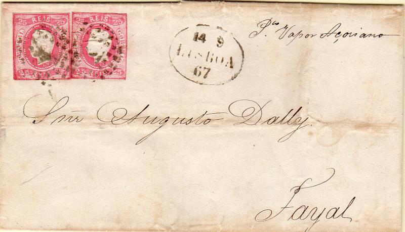 0653.jpg -     Lote:    653                   Descrição:         Correio marítimo. 1866/67 &mdash; D. Luís I. Fita curva, não denteados. CE22, 25 reis rosa carmim, com margens curtas. Dois selos (duplo porte) em carta circulada de Lisboa (14.09.67) para o Faial pelo "VAPOR AÇORIANO", barco da Companhia União Fabril. Carimbo batido a preto "LISBOA" GM LSB26.        Carta       Valor Base:     &euro; 20,00     Valor Venda:     &euro;      