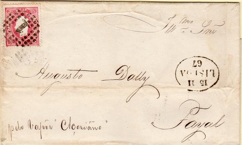 0654.jpg -     Lote:    654                   Descrição:         Correio marítimo. 1867/70 &mdash; D. Luís I. Fita curva, denteados. CE30, 25 reis rosa carmim, em carta circulada de Lisboa (15.11.67) para o Faial pelo "VAPOR AÇORIANO", barco da Companhia União Fabril. Carimbo batido a preto "LISBOA" GM LSB26.        Carta       Valor Base:     &euro; 20,00     Valor Venda:     &euro;      