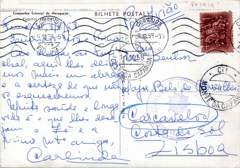 0656.jpg -     Lote:    656                   Descrição:         Correio marítimo. Marcas de paquetes portugueses. 1953 &mdash; Cavaleiro Medieval. Postal ilustrado circulado do Funchal (09.10.58) para Carcavelos com selo de 1$00 CE768. Carimbo batido a violeta "COMPANHIA NACIONAL DE NAVEGAÇÃO / PAQUETE PATRIA".        PI       Valor Base:     &euro; 30,00     Valor Venda:     &euro;      