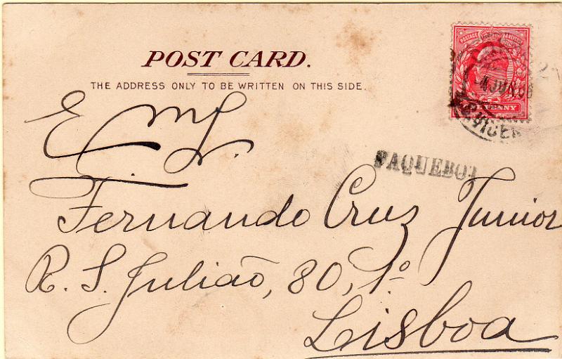 0658.jpg -     Lote:    658                   Descrição:         Correio marítimo. Marcas de denominação de origem. Postal ilustrado lançado a bordo de paquete inglês com selo de 1p obliterado no primeiro porto de chegada em S. Vicente / Cabo Verde (04.06.06) remetido para Lisboa. Marca batida a preto "PAQUEBOT".        PI       Valor Base:     &euro; 12,00     Valor Venda:     &euro;      