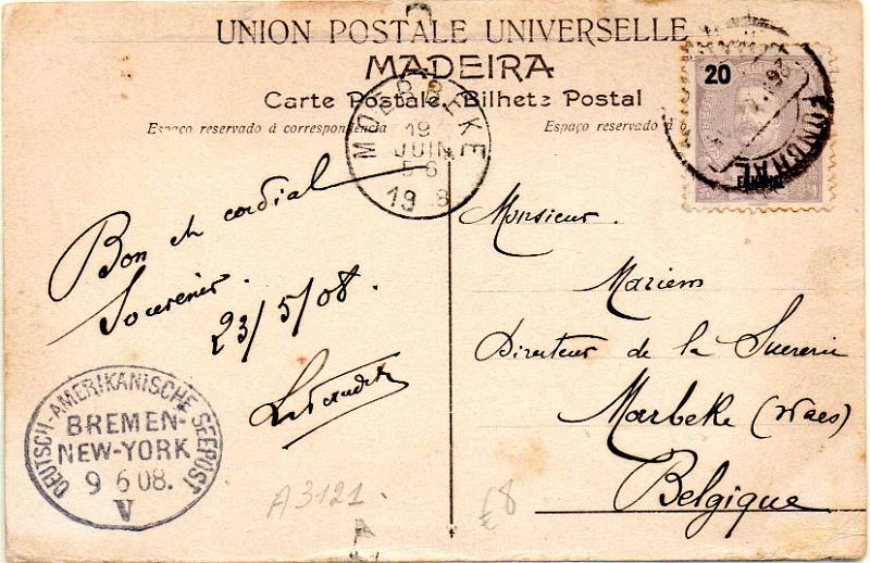 0660.jpg -     Lote:    660                   Descrição:         Correio marítimo. 1897 &mdash; D. Carlos I Mouchon. Postal ilustrado lançado a bordo de paquete alemão e entregue no correio do Funchal (23.05.08) para a Bélgica (19.06.08), com selo de 20 reis CE17. Carimbo batido a preto "DEUTSCH-AMERIKANISCHE SEEPOST / BREMEN &mdash; NEW YORK / 9 6 08. / V", atribuído ao paquete KRONPRINZ WILHELM de 21.10.02 a 21.10.13.        PI       Valor Base:     &euro; 30,00     Valor Venda:     &euro;      