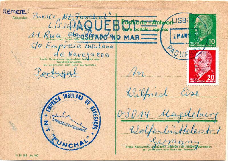 0662.jpg -     Lote:    662                   Descrição:         Correio marítimo. Inteiro postal alemão de 10p + selo adiciona de 20p depositado  a bordo do Paquete Funchal (02.03.947) com destino à Alemanha. Carimbos batidos a azul "PAQUEBOT / DEPOSITADO NO MAR / LISBOA / PAQUEBOT" + "EMPRESA INSULANA DE NAVEGAÇÃO / N/T "FUNCHAL".        IC       Valor Base:     &euro; 40,00     Valor Venda:     &euro;      