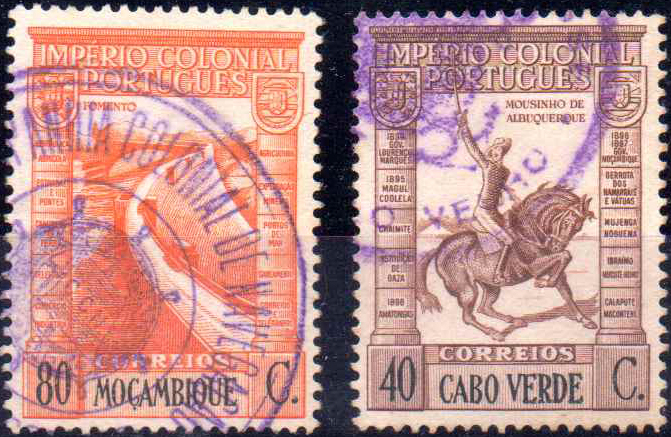 0668.jpg -     Lote:    668                   Descrição:         Marcas de correio marítimo. Lote de dois selos: um de 40c tipo Império Colonial com carimbo batido a violeta do "AVISO DE 2.ª CLASSE / GONÇALO VELHO" e outro de 80c tipo Império Colonial de 80c com carimbo batido a violeta da CNN.        O       Valor Base:     &euro; 8,00     Valor Venda:     &euro;      