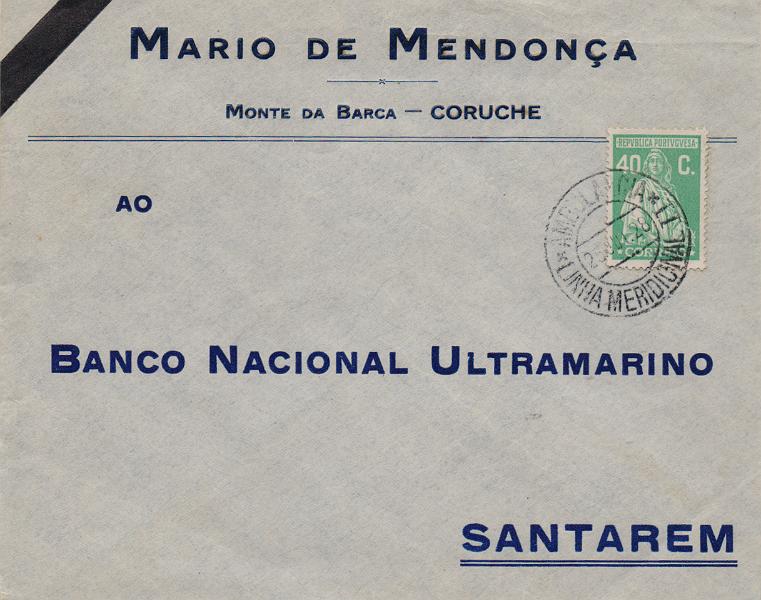0678.jpg -     Lote:    678                   Descrição:         Correio ferroviário. 1926 &mdash; Ceres. Emissão Londres. Sobrescrito circulado pela Ambulância Linha Meridional II (25.10.28) para Santarém (25.10.28) com selo de 40c CE406. Carimbo batido a preto "AMBULÂNCIA / LINHA MERIDIONAL II".        Carta       Valor Base:     &euro; 20,00     Valor Venda:     &euro;      