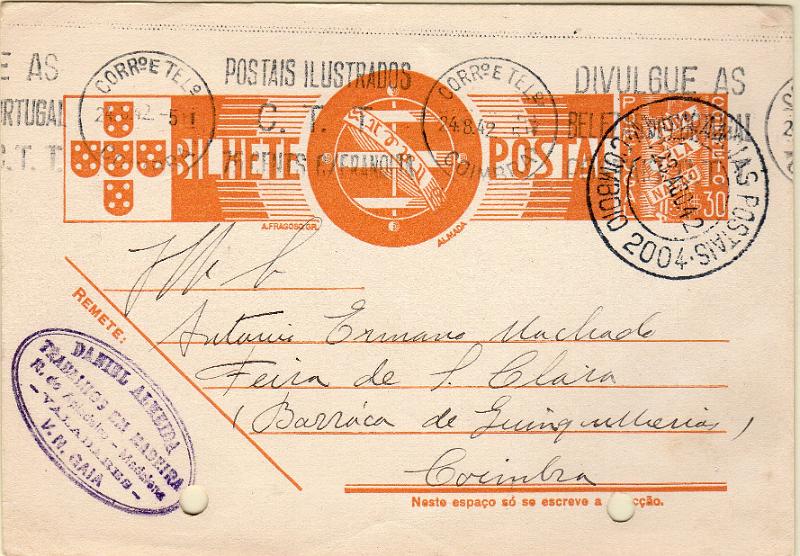 0682.jpg -     Lote:    682                   Descrição:         Correio ferroviário. 194&frac14;2 &mdash; Tudo pela Nação. OM94, $30 ocre-castanho. Circulado pela ambulância ferroviária "COMBOIO 2004" (23.08.42) de Vila Nova de Gaia para Coimbra (24.08.42). Furos de arquivo.        IC       Valor Base:     &euro; 12,00     Valor Venda:     &euro;      
