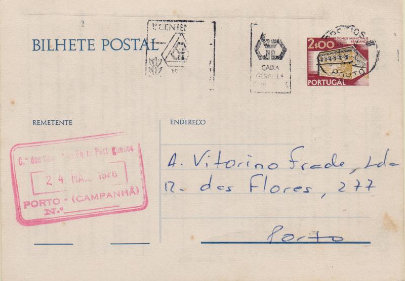 0683.jpg -     Lote:    683                   Descrição:         Carimbos nominativos ferroviários. Inteiro postal OM164, repicado pela "CP" circulado no Porto (24.05.76). Carimbo datado batido a vermelho "C.ª DOS CAMINHOS DE FERRO PORTUGUESES / PORTO &mdash; (CAMPANHÃ).        IC       Valor Base:     &euro; 12,00     Valor Venda:     &euro;      