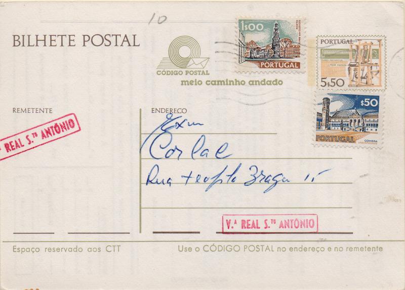 0684.jpg -     Lote:    684                   Descrição:         Carimbos nominativos ferroviários. Inteiro postal OM182 com dois selos adicionais, repicado pela "CP", circulado em Vila Real de S. António (27.09.81). Carimbo batido a vermelho "V.ª REAL ST.º ANTONIO".        IC       Valor Base:     &euro; 10,00     Valor Venda:     &euro;      