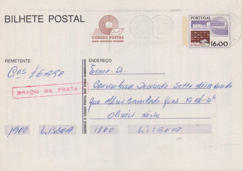 0687.jpg -     Lote:    687                   Descrição:         Carimbos nominativos ferroviários. Inteiro postal OM202, repicado pela "CP", circulado em Lisboa (07.11.84). Carimbo batido a vermelho "BRAÇO DE PRATA - 1".        IC       Valor Base:     &euro; 15,00     Valor Venda:     &euro;      