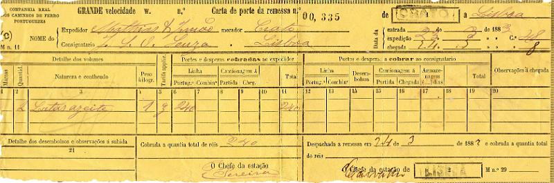 0692.jpg -     Lote:    692                   Descrição:         Marcas ferroviárias nominativas. Carta de porte da Companhia REAL dos Caminhos de Ferro Portugueses datada de 23.03.1883, com carimbo batido a preto "LISBOA." e "CRATO".        DOC       Valor Base:     &euro; 15,00     Valor Venda:     &euro;      