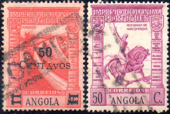 0697.jpg -     Lote:    697                   Descrição:         Carimbos do correio ferroviário. 1938 &mdash; Império Colonial Português. Selos de 50c s/ 1$00 vermelho + selo de 50c, obliterados respectivamente com carimbos batidos a preto de "LOANDA" e "C. ALTA".        O       Valor Base:     &euro; 20,00     Valor Venda:     &euro;      