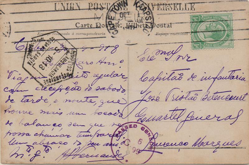 0703.jpg -     Lote:    703                   Descrição:         Correio ferroviário. Postal ilustrado circulado de Cape Town (01.10.18) para L. Marques (05.10.18). Carimbo hexagonal batido a preto "AMBULANCIA / RESSANO GARCIA / LOUTENÇO MARQUES".        PI       Valor Base:     &euro; 10,00     Valor Venda:     &euro;      