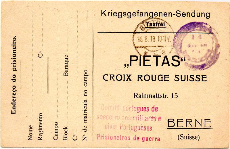 0707.jpg -     Lote:    707                   Descrição:         1914/19 &mdash; 1.ª Guerra Mundial. Inteiros postais isentos de franquia editados por "PIETAS", circulado da Alemanha (16.08.18) para Berna, remetido por prisioneiro de guerra. Carimbo batido a vermelho "Comité português de / socorro aos militares e / civis portugueses / Prisioneiros de Guerra". MB        IC       Valor Base:     &euro; 20,00     Valor Venda:     &euro;      
