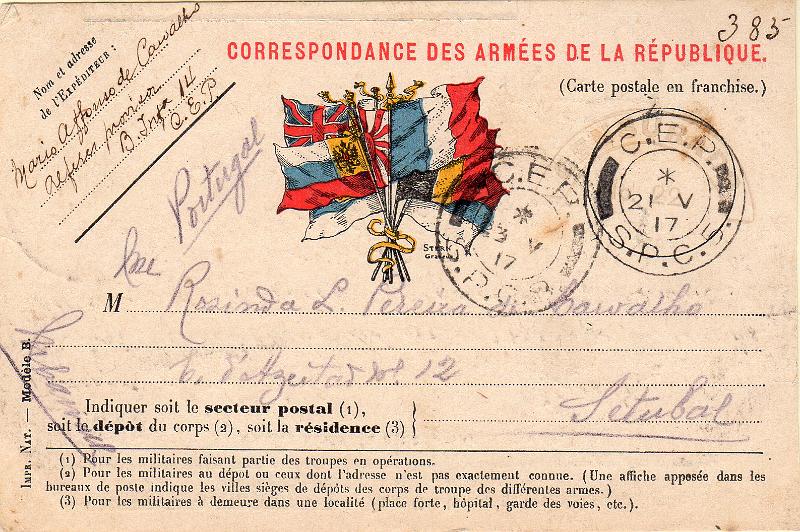 0708.jpg -     Lote:    708                   Descrição:         1914/19 &mdash; 1.ª Guerra Mundial. Isentos de franquia. Inteiro postal isento de franquia (Modelo B), destinado à correspondência de militares franceses, utilizado por militar português, expedicionário à França, circulado do SPC5 (21.05.17) para Setúbal, com trânsito pelo SPC8 (23.05.17).        IC       Valor Base:     &euro; 8,00     Valor Venda:     &euro;      