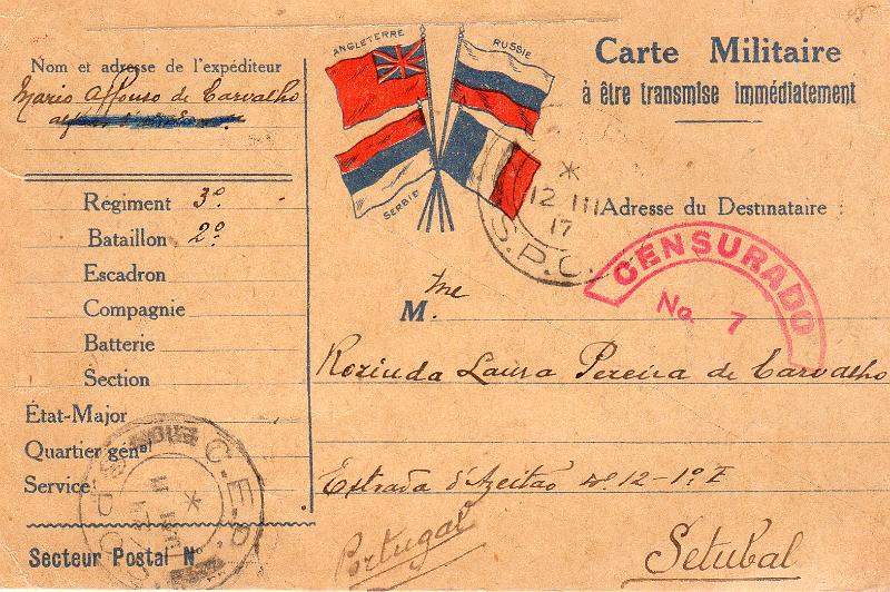 0709.jpg -     Lote:    709                   Descrição:         1914/19 &mdash; 1.ª Guerra Mundial. Isentos de franquia. Inteiro postal isento de franquia destinado à correspondência de militares franceses, utilizado por militar português, expedicionário à França, circulado do SPC5 (11.03.17) para Setúbal (15.03.17), com trânsito pelo SPC8 (23.05.17).        IC       Valor Base:     &euro; 8,00     Valor Venda:     &euro;      