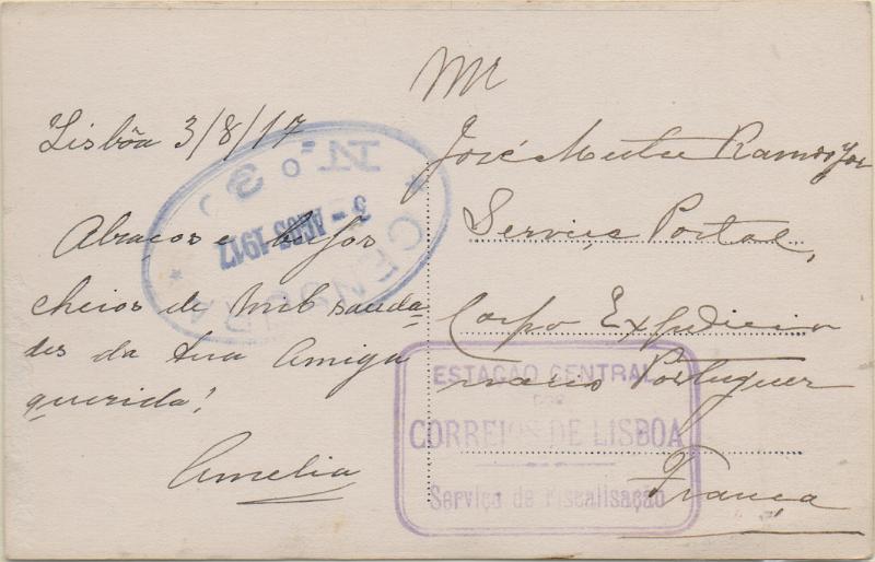 0712.jpg -     Lote:    712                   Descrição:         1914/19 &mdash; 1.ª Guerra Mundial. Corpo Expedicionário Português a França. Postal ilustrado circulado isento de franquia de Lisboa (03.08.17) para França. Censurado em 3 de Agosto de 1917 e fiscalizado pelos correios. Carimbo batido a violeta "ESTAÇÃO CENTRAL / DOS / CORREIOS DE LISBOA / SERVIÇO DE FISCALIZAÇÃO". MB e MR.        PI       Valor Base:     &euro; 75,00     Valor Venda:     &euro;      