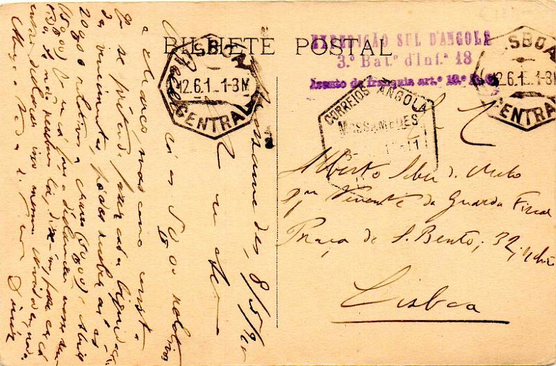 0714.jpg -     Lote:    714                   Descrição:         1914/19 &mdash; 1.ª Guerra Mundial. Expedição Militar a Angola. Isentos de franquia. Postal ilustrado circulado de Moçamedes (08.05.15) para Lisboa (12.06.15). Carimbo batido a violeta "EXPEDIÇÃO SUL D'ANGOLA / 3.ª BATª D'INF.ª 18 / ISENTO DE FRANQUIA ART.º 10.º R.C."        PI       Valor Base:     &euro; 25,00     Valor Venda:     &euro;      